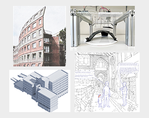 Collage mit vier Bildern zu Architektur und Bauwesen: ein modernes Gebäude, 3D-Druck, ein digitales Modell und eine Skizze eines Innenraums.